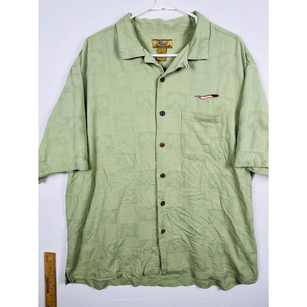 Gold Tri-Mountain Silk Button Up Shirt Mens XL Textured Palm Tree Sage Green